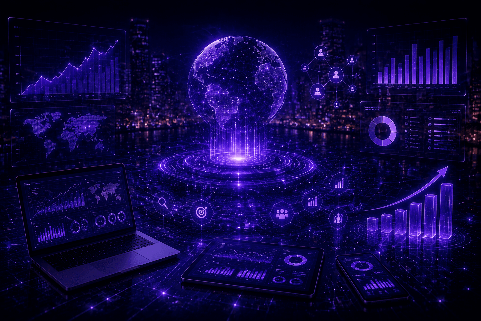 A connected globe beside market dashboards and performance charts