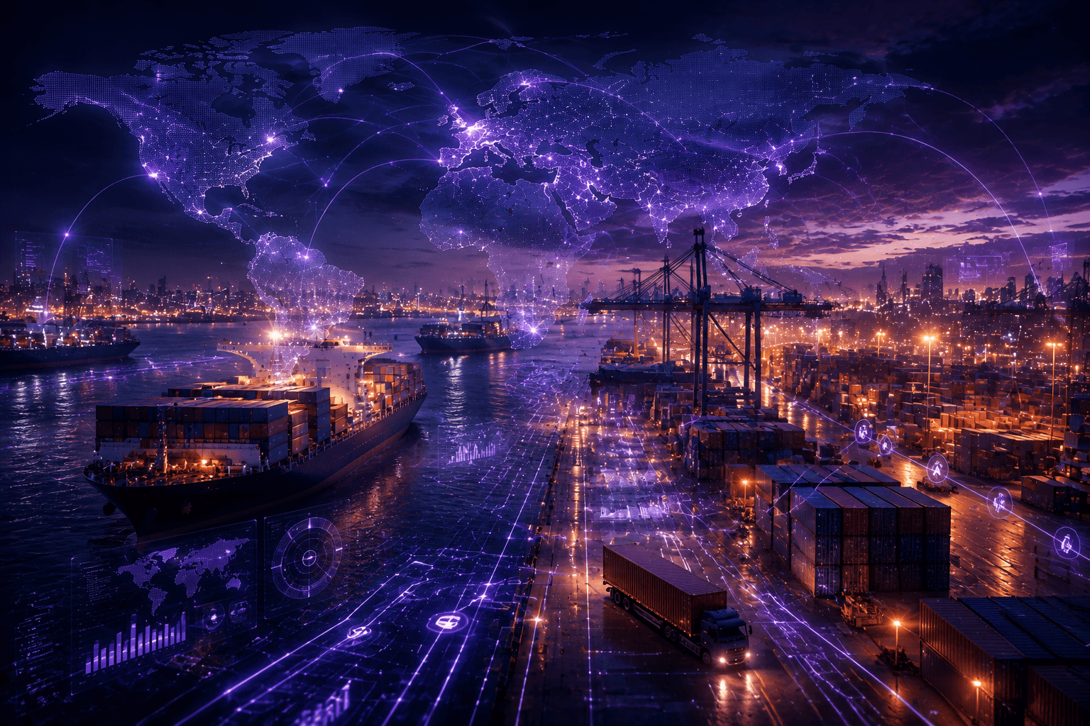 A container port at night with global trade routes drawn across the sky