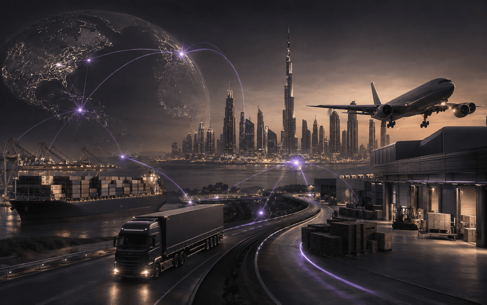 Dubai skyline, port terminal and cargo truck linked by a global trade network at dusk